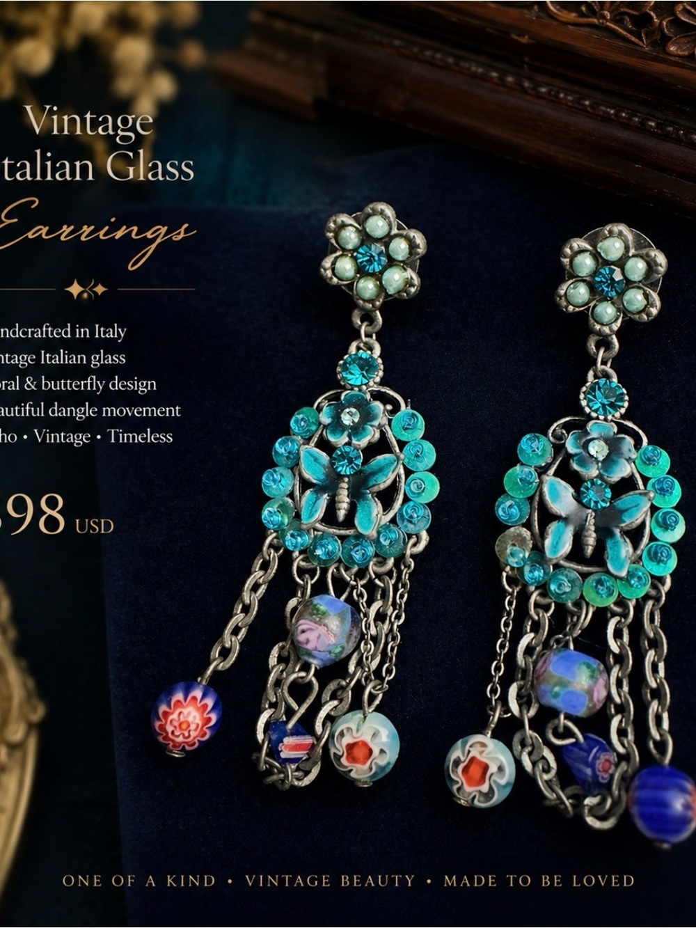 Artisan Turquoise and Aqua Dangle Earrings with Floral Accents